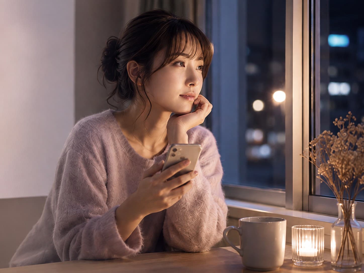 夜の窓辺で、スマートフォンを手に外を眺める女性