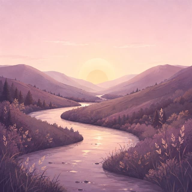 夜明けの山あいを流れる川のイラスト